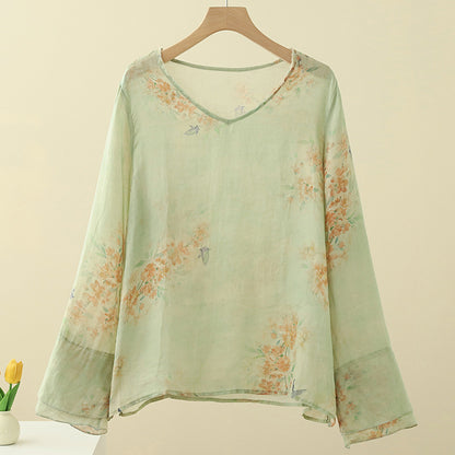 Cotton and linen printed V-neck burr top women's short literary Zen shirt summer tea clothing temperament cold wind shirt women