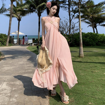 2025 Seaside vacation dress photo high sense Muse Fan sweet pink bead neck beach dress big swing dress