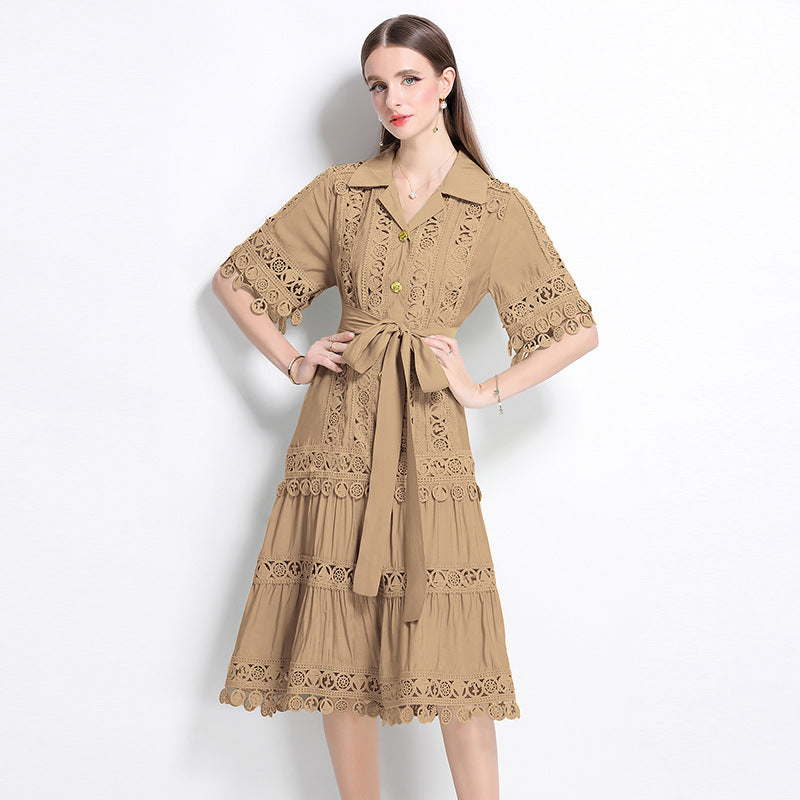 court style hollow lace splicing lapel short-sleeved dress women's lace-up waist elegant pendulum medium and long dress