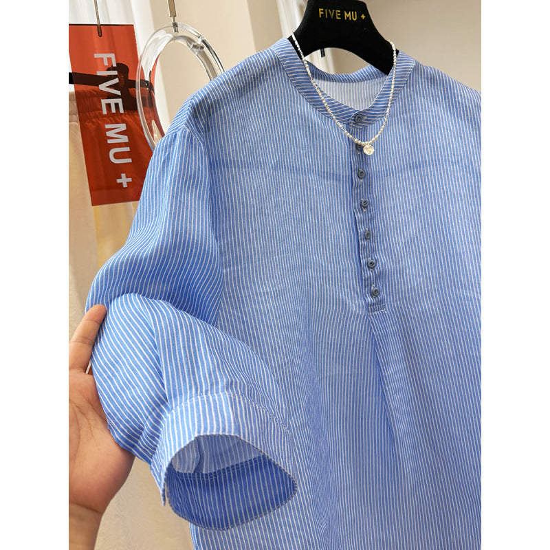 high-end crew neck striped seven-quarter sleeve shirt women's summer thin temperament shirt super good-looking loose top