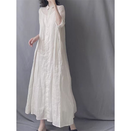 Solid color simple literary and retro loose large size temperament elegant temperament versatile lapel nine-quarter sleeve shirt dress