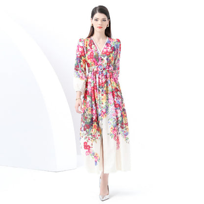 style sexy lace V-neck lantern sleeves retro printing waist thin long dress elegant celebrity dress women