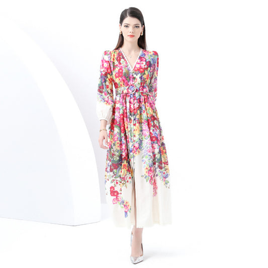 style sexy lace V-neck lantern sleeves retro printing waist thin long dress elegant celebrity dress women