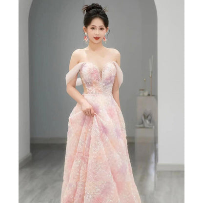 Pink toast dress bride 2025 new morning robe dress women's light luxury niche high-end host tube top evening dress