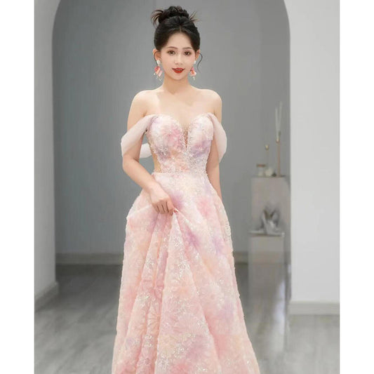 Pink toast dress bride 2025 new morning robe dress women's light luxury niche high-end host tube top evening dress