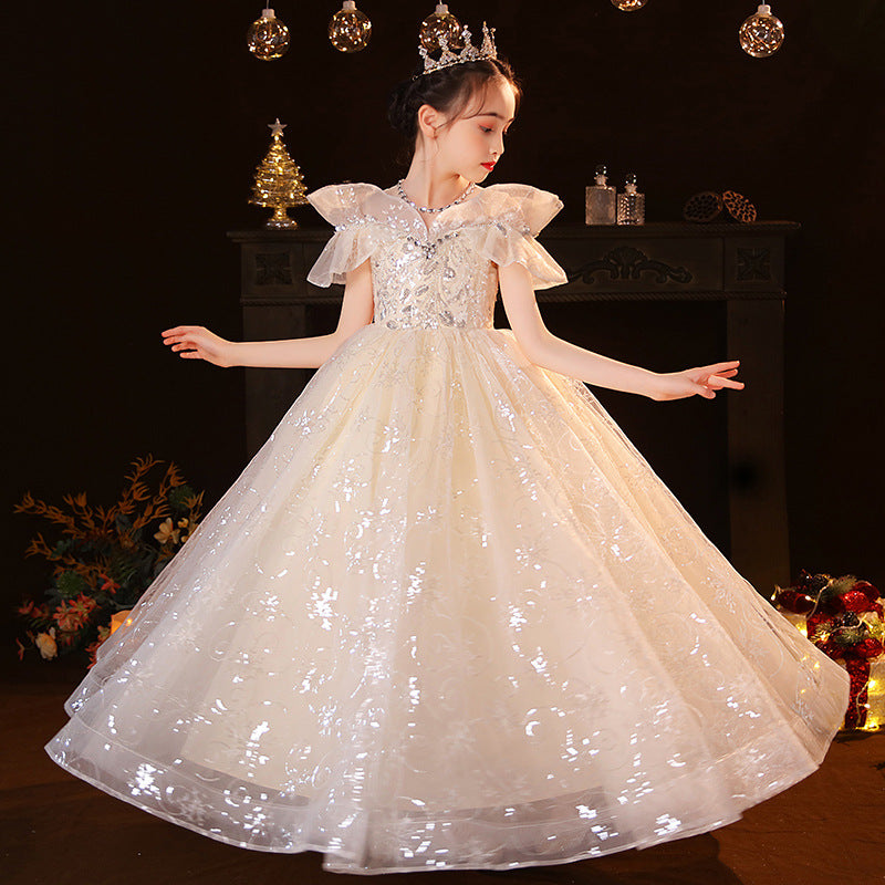 flowersverse Children's Dress  Girls Western Style Tulle Tutu Little Girl Host Birthday Princess Dress Piano Instrumental Performance Suit Spring