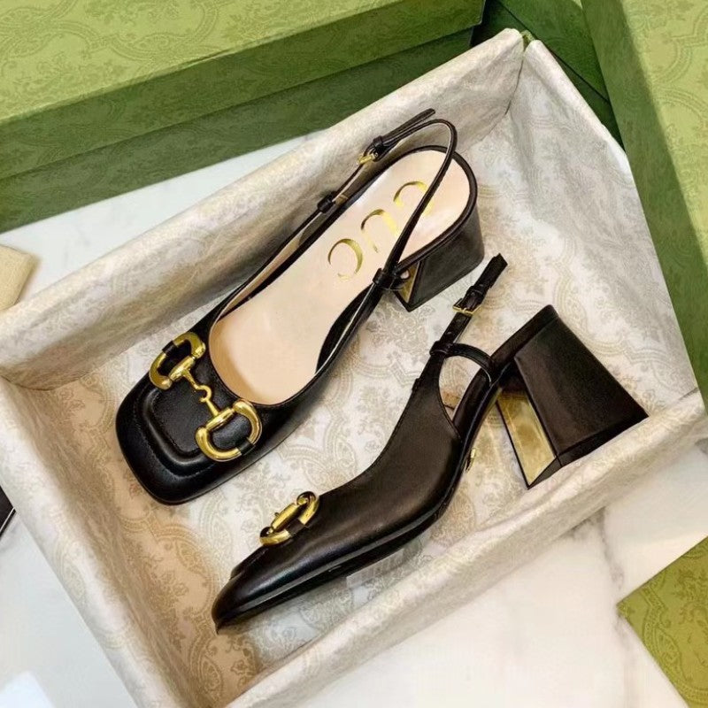flowersverse  Pure Original G High Heels Horsebit Buckle Genuine Leather Retro Slip-on Square Toe Chunky Heel Closed Toe Strap Slingback Sandals Women