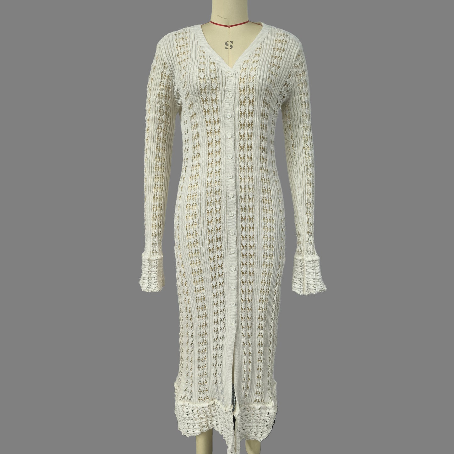 single attitude Spice Girl personality style super long design knitted cardigan women's clothing hollow crochet solid color high sense