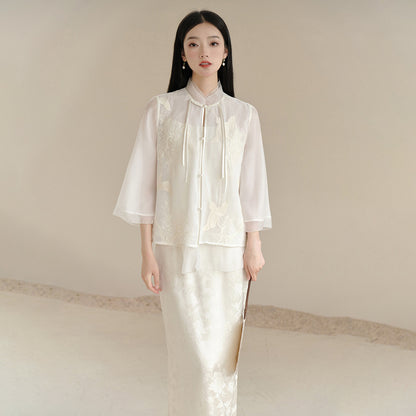 New Chinese suit women's two-piece set, embroidered Tang suit top women's summer shirt, jacquard suspender dress