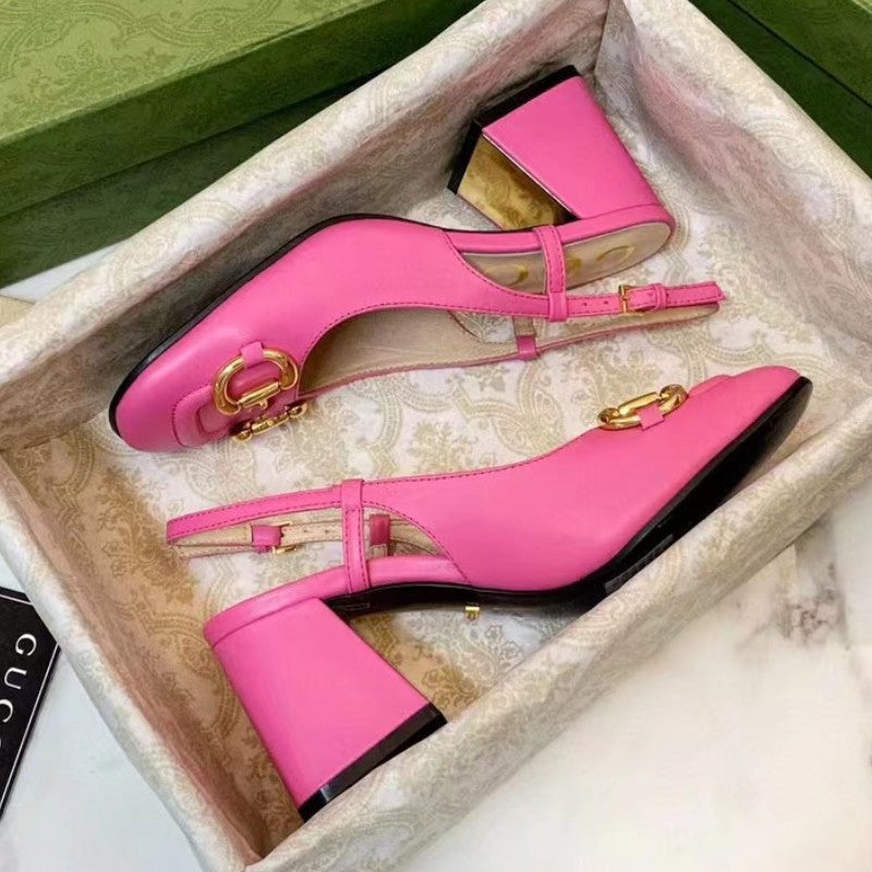 flowersverse  Pure Original G High Heels Horsebit Buckle Genuine Leather Retro Slip-on Square Toe Chunky Heel Closed Toe Strap Slingback Sandals Women