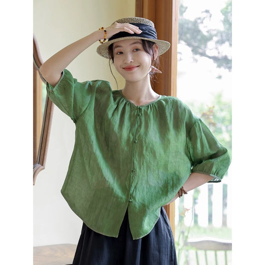 Mountain field cool, handmade button-up Chinese shirt  summer new green small fresh literary and retro top