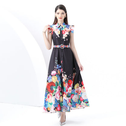 spring new retro court style small flying sleeves waist lapel single-breasted cardigan printed long dress
