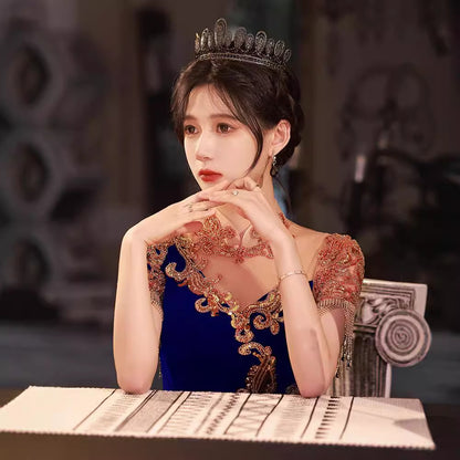 Evening dress female banquet host velvet light luxury niche style temperament celebrity New vocal performance art test