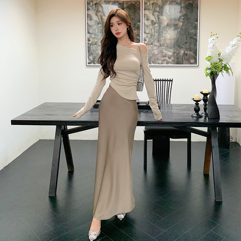 2025 Early autumn pure desire slanted shoulder design pleated waist top women's high sense imitation acetic acid A-shaped skirt skirt set