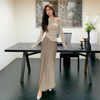 2025 Early autumn pure desire slanted shoulder design pleated waist top women's high sense imitation acetic acid A-shaped skirt skirt set