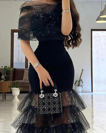 FLOWERSVERSE popular New new hip-wrapped mid-waist waist-closed black literary mesh sequined temperament commuter dress dress