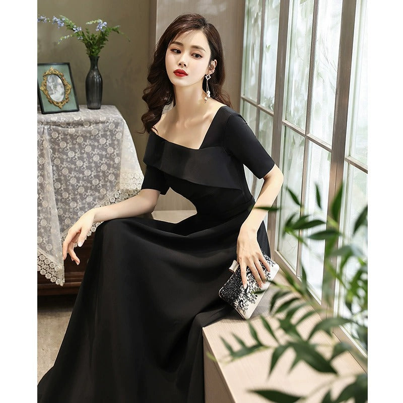 2025 black one-shoulder long dress with sleeves, art exam coming-of-age ceremony, catwalk, evening wear, performance, chorus etiquette skirt