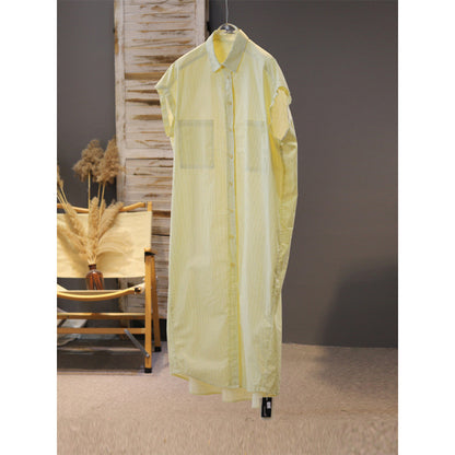 Summer  Simple Korean version loose sleeveless shirt covering meat medium and long cotton striped pocket shirt