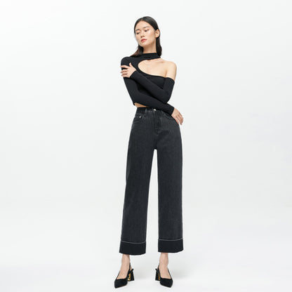2025 autumn new curled jeans women's 2025n high street design sense niche high waist thin wide leg nine-point pants