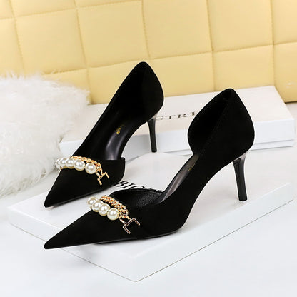 2025 8829-2  style banquet slim super high heel suede shallow mouth pointed pearl metal chain side hollow single shoe