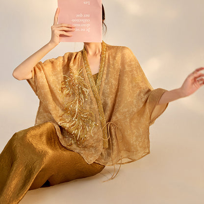 new national style new Chinese high-end design embroidered beads light luxury gold silk loose top women's M5061