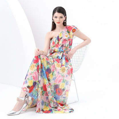 Holiday style print lotus leaf edge dress female  celebrities elegant waist slanted shoulder chiffon dress  summer wear