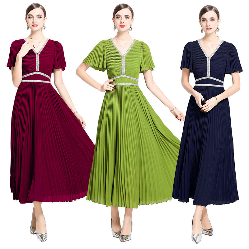 Spring and summer new high-end women's clothing heavy industry nail diamond inlaid georgette pleated v-neck short-sleeved commuter celebrity dress