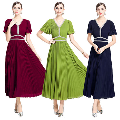 Spring and summer new high-end women's clothing heavy industry nail diamond inlaid georgette pleated v-neck short-sleeved commuter celebrity dress