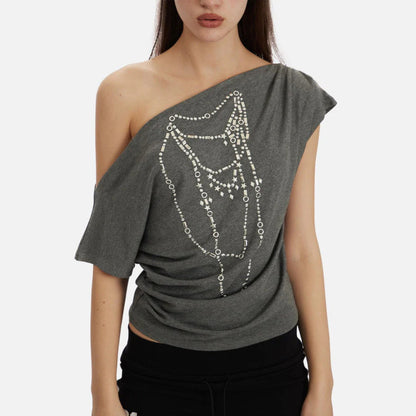 spring new slanted shoulder pure desire style Spice Girl gray T-shirt women's loose heavy industry metal decorative top New