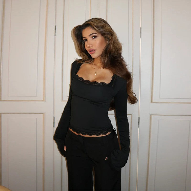 FLOWERSVERSE 2025 spring and summer new 2025 style women's clothing fashion temperament sexy versatile slim lace long-sleeved top