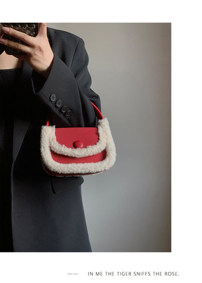 FLOWERSVERSE 2025 Autumn and winter niche design lamb wool splicing bag women's Christmas red small square bag crossbody wool saddle bag
