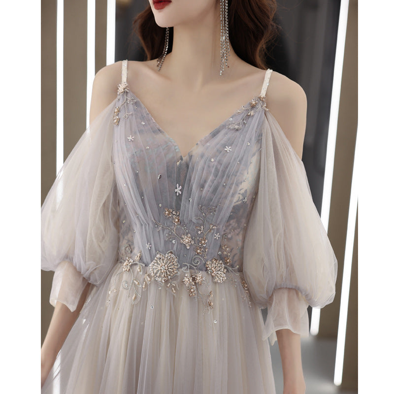 Banquet evening dress women's 2025 new temperament host dress fairy long sleeve vocal art test long dress