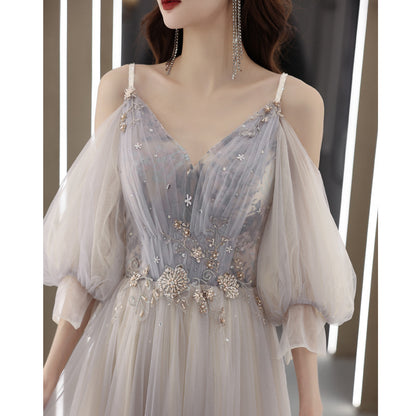 Banquet evening dress women's 2025 new temperament host dress fairy long sleeve vocal art test long dress