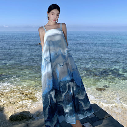 2025 New Chinese retro ink painting smudge suspender dress women's summer Chinese style temperament seaside vacation beach dress