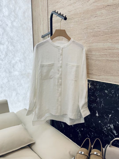 2025 Stylish casual light breathable premium linen top new solid color round neck single-breasted loose long-sleeved shirt women
