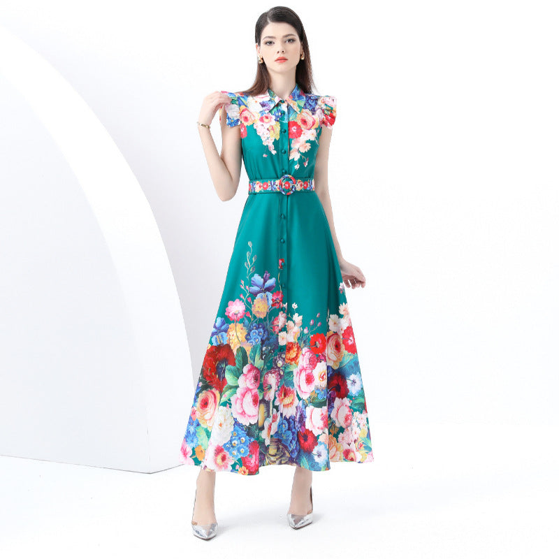 Early Spring - Court Lapel Sleeveless Waist Wide Skirt Printed Long Dress