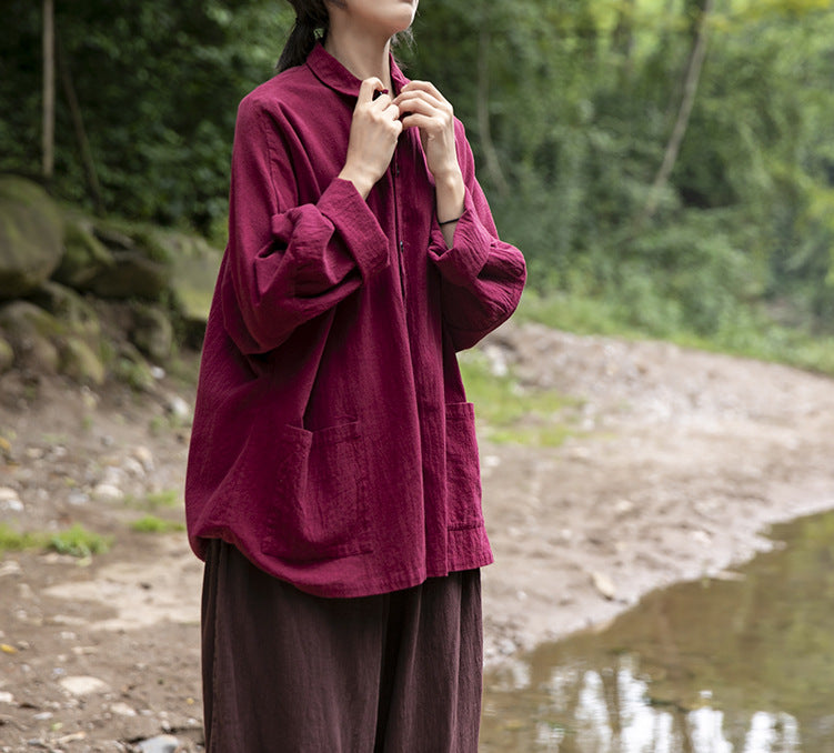 Shan Qian Nianyi 2021 Spring and Autumn Cotton and Linen Long Sleeve Cardigan Shirt Lapel Solid Color Linen Women's Peter Pan Collar Shirt