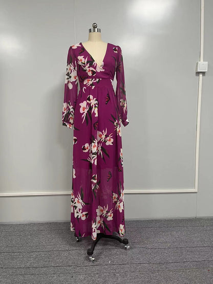 FLOWERSVERSE popular New 2025 summer new Popular trade printing women's dress  hot V-neck long-sleeved pendulum skirt