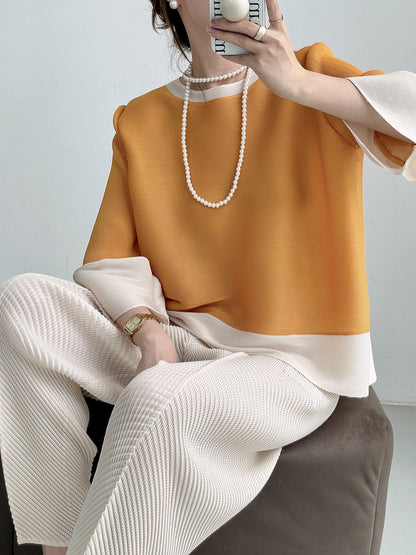 Miyake  summer new round neck color matching lantern sleeves loose pleated top femininity thin versatile T-shirt