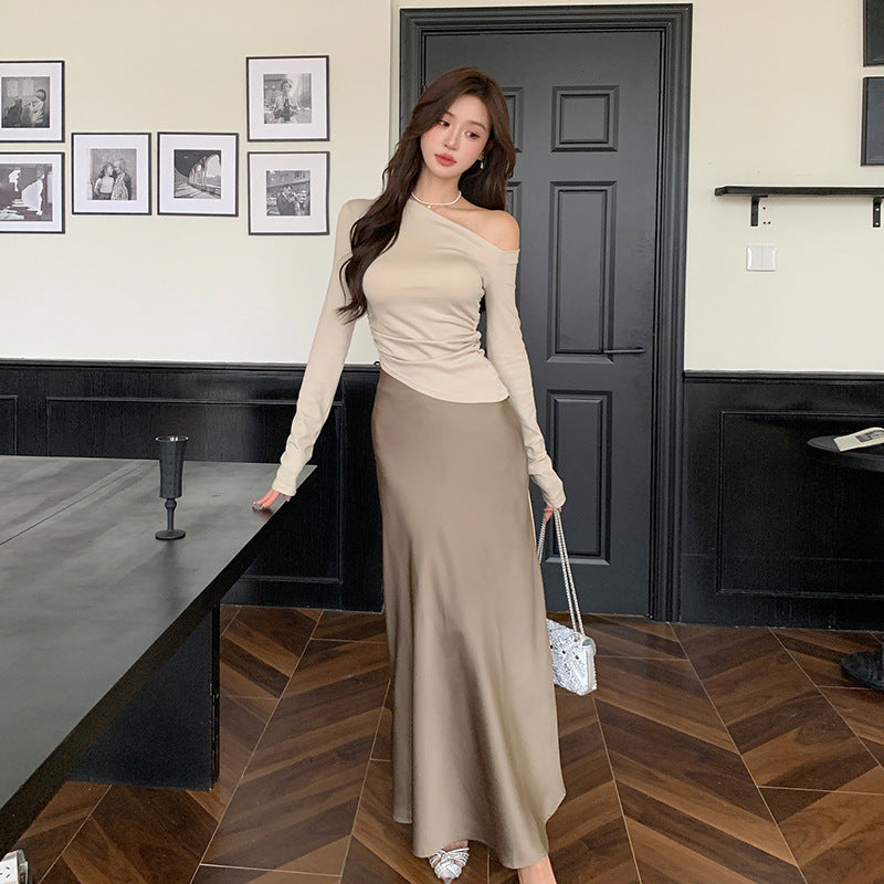 2025 Early autumn pure desire slanted shoulder design pleated waist top women's high sense imitation acetic acid A-shaped skirt skirt set