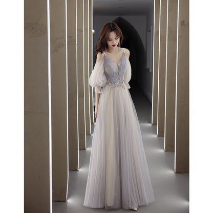 Banquet evening dress women's 2025 new temperament host dress fairy long sleeve vocal art test long dress