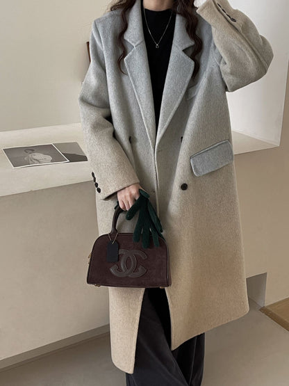 2025 Suit collar double-breasted two-color gradual change extended double-sided wool woolen coat women's versatile warm autumn and winter Haining
