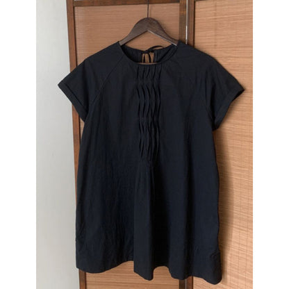 Japanese retro loose pleated crew neck lace-up shirt women's summer high-end casual versatile small flying sleeve shirt thin
