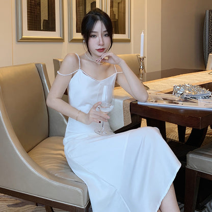 2025 Summer sexy pearl suspender dress femininity high-end celebrity design sense niche vacation dress evening dress