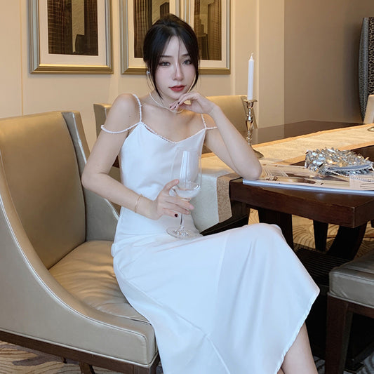 2025 Summer sexy pearl suspender dress femininity high-end celebrity design sense niche vacation dress evening dress