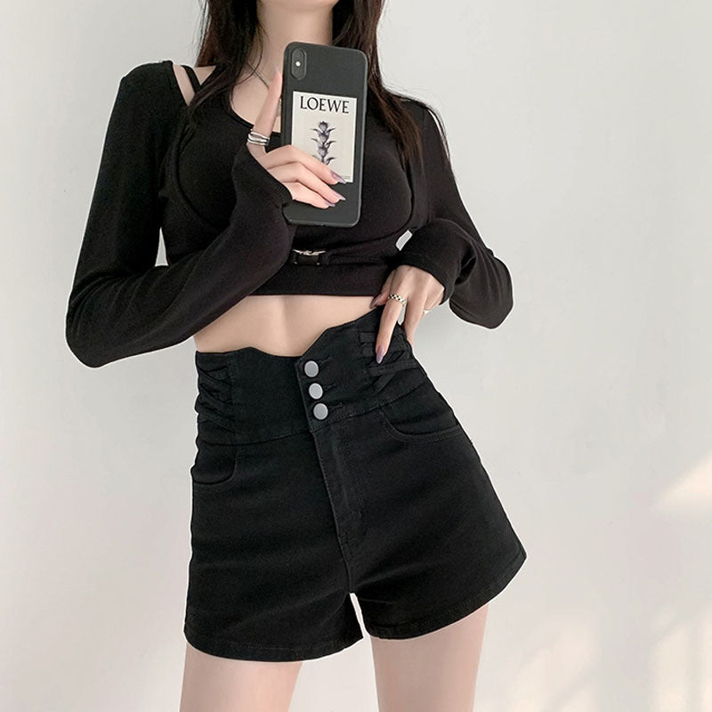 flowersverse Real Shot Hot Girl's Waist Cross Woven Ultra High Waist Belly Contracting Denim Shorts Women's  Hip Lifting Loose Wide Leg Fashion