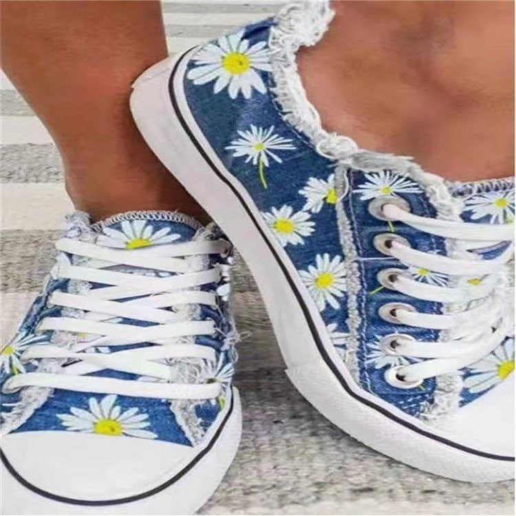 flowersverseWish Spring and Autumn Single-Layer Shoes Korean Style Denim Canvas Shoes Low-Top Lace-up Casual plus Size Women's Shoes Flat Student Shoes