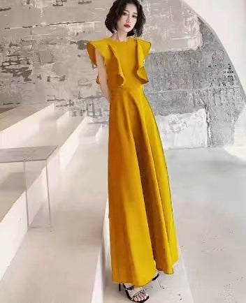 2025 banquet evening dress can be worn in spring, banquet temperament black satin performance chorus dress