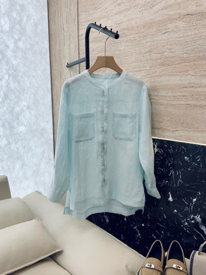 2025 Stylish casual light breathable premium linen top new solid color round neck single-breasted loose long-sleeved shirt women