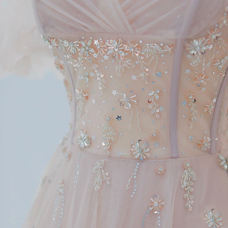 Pink evening dress female 2022 new temperament socialite banquet annual meeting fairy art test vocal host dress